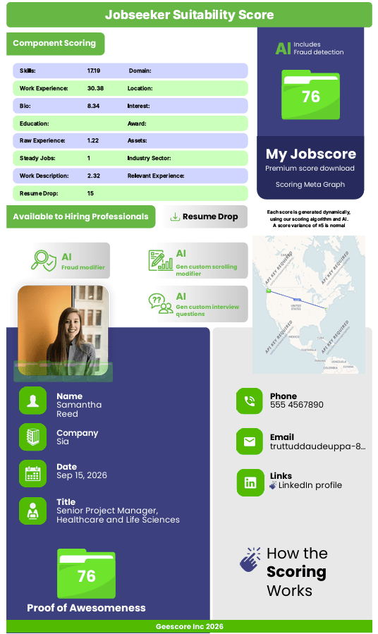 Samantha Reed My Jobscore Scored 76 for Senior Project Manager, Healthcare and Life Sciences at Sia