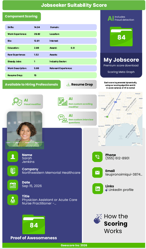 Sarah Jenkins Scored for Physician Assistant or Acute Care Nurse Practitioner - Cardiovascular Surgery, Full-time, Days at Northwestern Memorial Healthcare